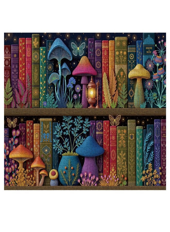 PPuzzling Mushroom Bookshelf Puzzles for Adults 1000 Pieces, Challenging Fantasy Mushroom Library Jigsaw Puzzle with Vintage Books, Glowing Butterflies, Colorful Botanical Aesthetic Art Puzzle - Image 1